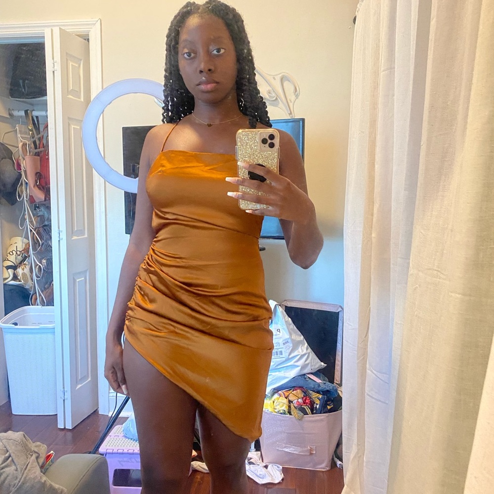 Coffee Brown Satin Rushed Dress